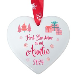 Second Ave First Christmas as an Auntie White Ceramic Hanging Heart Christmas Xmas Tree Decoration Bauble