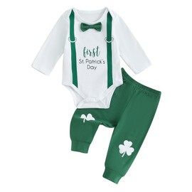Toddler Baby Boys St. Patrick's Day Outfits Long Sleeve Suspender Print Romper Bodysuit Long Pants Set 2Pcs Infant Clothes (White, 6-12 Months)