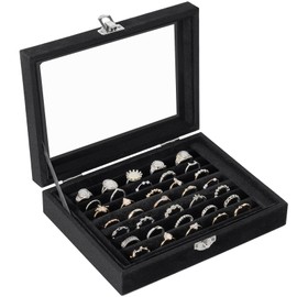 Jutieuo Velvet Ring Organizer Box, 7 Slots Jewelry Holder with Glass Lid Earring Display Tray Storage Case Gift for Women and Girls (Black)