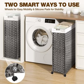 Greenstell Laundry Hamper with Wheels & Handles, 26.4 Gallon (100L) Slim Laundry Basket with 2 Removable Liner Bags & 2 Mesh Bags, Foldable Narrow Clothes Hamper for Bedroom, Bathroom, Closet, Grey