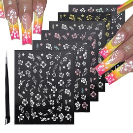 Flower Nail Stickers 3D Hibiscus Flower Nail Stickers Self-Adhesive White Pink Gold Nail Decals Elegant Floral Petal Wavy Line Strip Tropical Leaf Designs for Women Girls Nail Art Supplies(6Sheets)