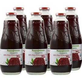 100% Organic Pomegranate Juice, 33.8 Oz Glass Bottle (6 Pack) No Sugar, No Artificial Colors, No Preservatives, No Flavors Added, Gluten Free and Kosher