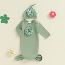 Newborn Baby Girl Nightgowns Knotted Gown 3D Flower Sleepwear Newborn Girl Pajamas Pjs Long Sleeve Coming Home Outfit (Green, 0-3 Months)