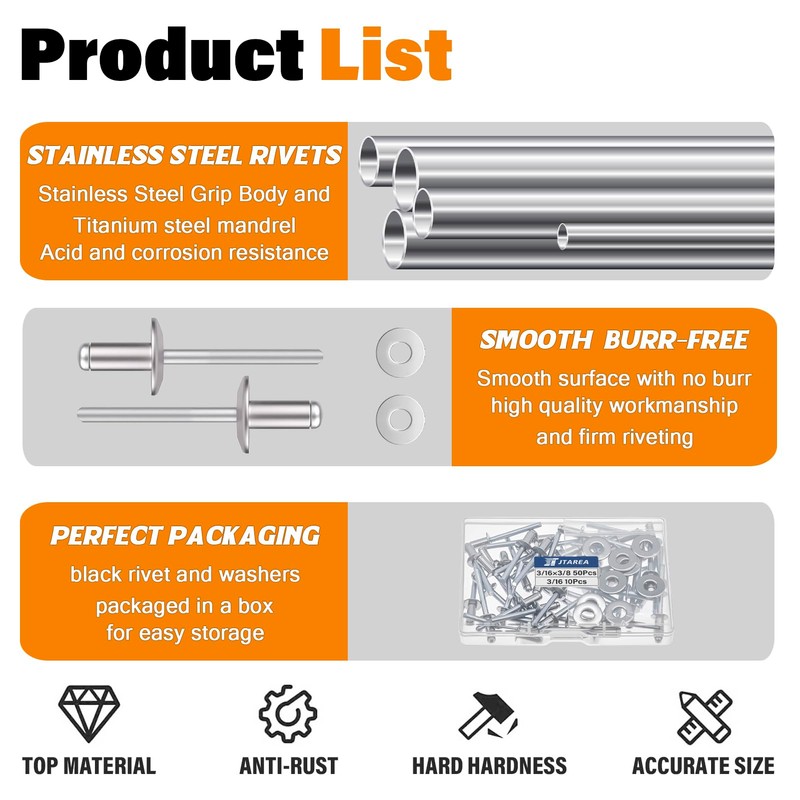 JTAREA 60pcs 3/16" x 3/8" Stainless Steel Pop Rivets with