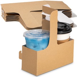 FMP Brands 2 Cup Drink Carrier with Handle, Kraft Paperboard to Go Coffee Cups Holder 12-30 oz for Cold/Hot Drinks, Portable Foldable Drink Carrier for Delivery, Uber Eats, Made in USA-15 Pack