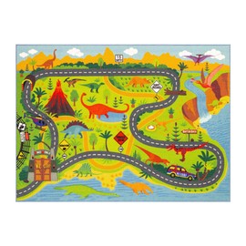 KC CUBS Playtime Collection Dinosaur Dino Safari Road Map Educational Learning & Game Area Rug Carpet for Kids and Children Bedrooms and Playroom (3'3" x 4'7")