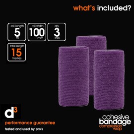 d3 Cohesive Bandage Compression Wrap Extra Wide Purple 100mm x 5 metres (3 Rolls) Sports Physio Joint Injury Support Strapping Horses, Dogs Pet & Vet Leg Wrap