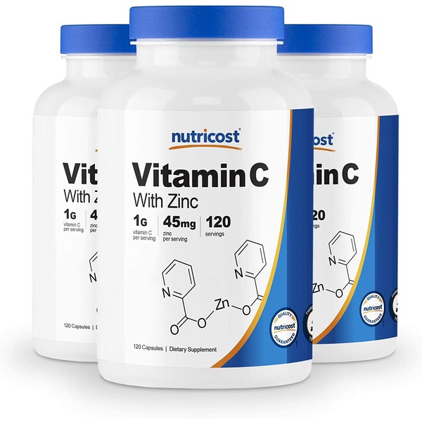 Nutricost Vitamin C with Zinc, 120 Capsules (3 Pack) - 1000mg Vitamin C, 45mg Zinc, Non-GMO, Gluten Free Vitamin C Supplement