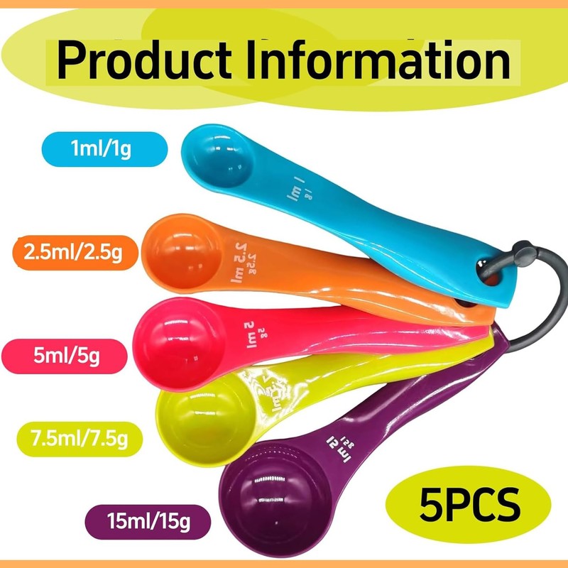 Set of 5 Measuring Spoons Grams Various Capacities with Colourful