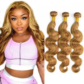 Honey Blonde Body Wave Bundles Honey Brown Bundles Human Hair 20 22 24 Inch Blonde Highlight Bundles Human Hair Silky Soft 3 Bundles Hair Weave Ombre Brown Bundles Remy Hair Extensions