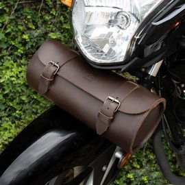 Hide & Ride, Circular Motorcycle Tool Bag, Universal Saddlebag for Motorcycle, Fork Bag for Bikers, Full Grain Leather, Handmade, Bourbon Brown
