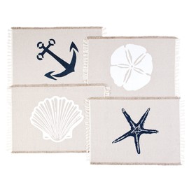 Living Fashions Table Placemats Set of 4 - Beach Themed Nautical Kitchen Placemats for Dining Table - 100% Washable Cotton Place Mat- Seashell, Sand Dollar, Starfish & Anchor Designs with Fringes
