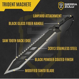 Sierra Zulu Trident Machete - Stainless Steel, 24.0 inches Overall, Modified Tanto Blade with Saw Tooth Back Edge - Tactical Nylon Sheath with Reversible Wear Strap