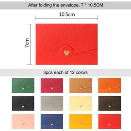 TONAUP Pack of 36 Colourful Mini Envelopes, 12 Colours, 10.5 x 7 cm, Kraft Paper Mini Envelopes with Heart for DIY Gift Cards, Christmas, Wedding, Gift Envelopes