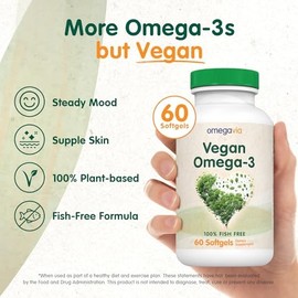 OmegaVia Vegan Omega 3 Supplement, Algae Omega 3 Fish Oil Alternative, 300mg Vegan DHA Omega-3 Fatty Acids, Plant Based, Planet and Ocean Friendly, IFOS 5 Star Tested, 60 Softgels