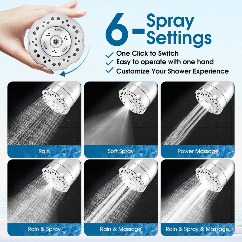 High Pressure Boosting Shower Head, ALOHOME 6 Powerful Spray Settings