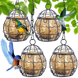 Fzyisw 4Pcs Fat Ball Feeder, Bird Feeders Hanging, Metal Fat Ball Bird Feeder Holder with 4 S-Shaped Hooks, Fat Ball Feeder for Feeding Outdoor Garden Wildlife Birds