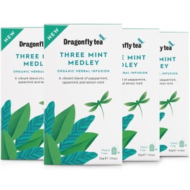 Dragonfly Three Mint Medley - 4 x 20 Organic Tea Bags, Cool & Aromatic Spearmint, Lemon Mint & Peppermint Blend, Invigorating Herbal Infusion, Vibrant & Refreshing, Plastic Free