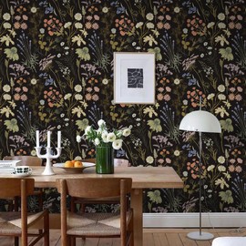 Kitico Peel and Stick Wallpaper Vintage Floral Wallpaper 16.1''x197'' Floral Contact Paper Black Peel and Stick Wallpaper Self Adhesive Removable Wallpaper for Bedroom Cabinet Decorative