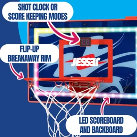 Jesser Hoop Over The Door Mini Basketball Hoop – 2 Gameplay Modes: Shot Clock or Score Keeping, 5" Exclusive Ball, Electric LED Scoring, Net, Air Pump - Indoor Sports Fun for Kids 6+