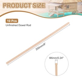 sourcing map Wooden Dowel Rods, 6mmx200mm Round Wooden Rod Unfinished Solid Wood Sticks Crafts Wand for Arts Decoration, Craft and DIY Projects Wand,Pack of 10
