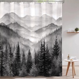 Accnicc Forest Mountain Shower Curtain Black and White Nature Misty Pine Tree Shower Curtains for Bathroom Dark Grey Foggy Rustic Woodland Decorative Waterproof Fabric Bath Curtain Decor 72×72 Inches