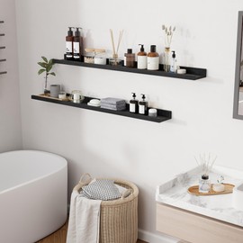 RICHFOCUS Picture Ledge Shelf Set of 2, 48 Inch Natural Wood Floating Shelves with Lip for Wall Storage, Nursery Floating Book Shelves for Living Room Bathroom Bedroom Kitchen, Distressed Black