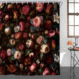 SAOLUIS Vintage Floral Shower Curtain, Black Floral Boho Shower Curtain Watercolor Flower Bathroom Curtains, Waterproof Botanical Shower Curtain with Hooks 72X72 Inch