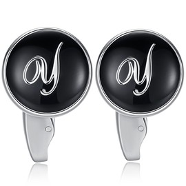 (Y) - HONEY BEAR Initial Alphabet Letter Cufflinks Tie Clip Set for Mens - Black Round Stainless Steel, for Business Wedding Gift A - Z