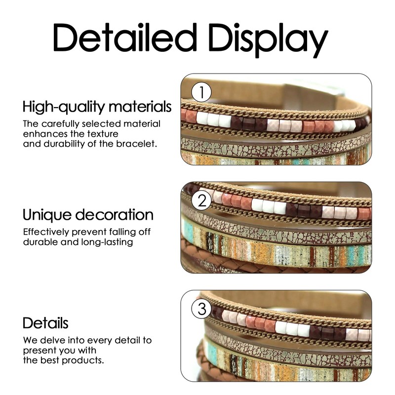 JAVMOO Leather Wrap Bracelets for Women Boho Multi-Layer Cuff Bangle
