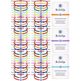 100 Pcs Evil Eye Bracelets Gifts Includes 50 Pcs Evil Eye Protection Bracelets Bulk for Women Men and 50 Pcs Wishing Card Adjustable Red String Bracelet Braided Rope Lucky Bracelets(Multicolored)