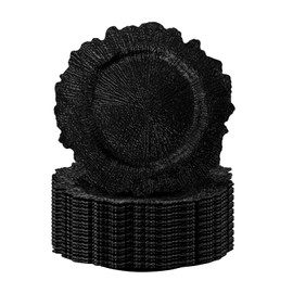 FANTEKE 25 Pack Round Black Charger Plates 12.6 Inch Plastic Black Reef Charger Plate Decor Round Floral Charger Plates for Wedding Party Dinner Event Birthday and Holiday Decoration