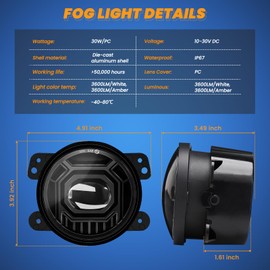 KARSAM 4 Inch Round LED Fog Lights for 2007-2018 Jeep Wrangler JK JKU 2018-2024 Jeep Wrangler JLU Accessories, 60W White Amber Off-Road Lamps Black Front Bumper LED Fog Lights Assembly, DOT Approved