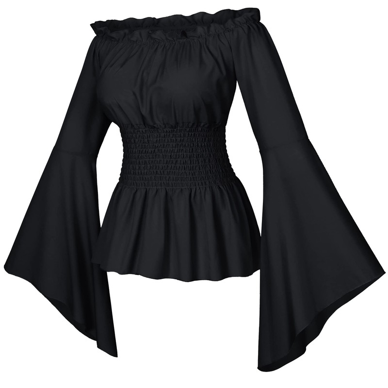 Womens Renaissance Victorian Peasant Ruffle Smocked Waist Boho Pirate Shirt