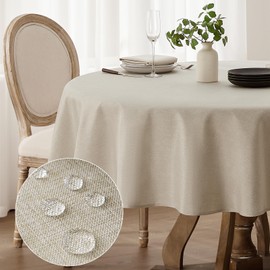 Softalker Round Table Cloths Wipe Clean Cream Tablecloth 150 cm (59 inch) Diameter Faux Linen Tablecloths Water Resistant Wipeable Tablecloths Washable Table Cover for Party Kitchen Dining Restaurant