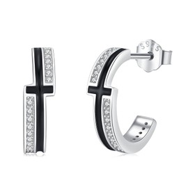 Cross Earrings 925 Sterling Silver Small Black White Half Hoop Earrings Open Piercing Christian Jewellery Religious Gifts for Women Men