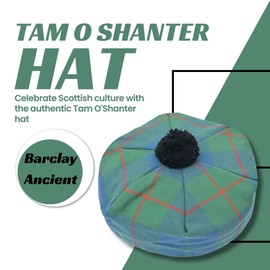 Tam O' Shanter Hat - Classic Tammy Hat Acrylic Wool Flat Bonnet Pom Pom – Perfect Scottish Tartan Beret Style Cap Daily Wear – One Size Fits All (UK, Alpha, One Size, Barclay Hunting Ancient)