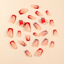 Press on Nails Short Square Fake Nails with Leopard Bow Designs Red FrenchTip Nails Press ons Glossy Glue on Nails Nude False Nails Artificial Stick on Nails for Women 24Pcs