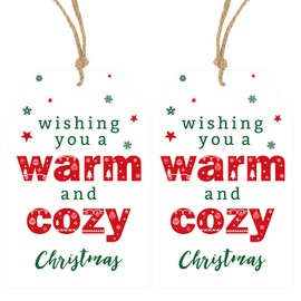 Anwyll Christmas Gift Tags,50Pcs Merry Christmas Gift Wrapping Tags Design with String,Xmas Hanging Paper Gift Tags,Wishing You A Warm and Cozy Christmas Tags for Present Holiday Christmas Party Decor