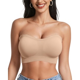 OEAK Strapless Bras for Women Wireless Bandeau Bra Non Slip Push Up Tube Top Seamless Bras Comfortable Padded Bralette Nude S
