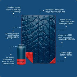 Rumpl Backcountry Puffy Blanket - Packing Comfort Into Uncomfortable Places, 100% Recycled Polyester Insulation, Lightweight, Packable, Water Resistant, 52" x 75", Deepwater