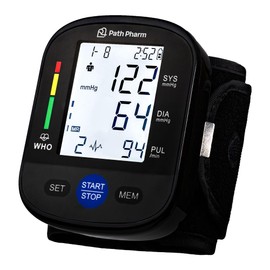 Path Pharm Wrist Blood Pressure Monitor for Home Use - Accurate Digital Blood Pressure Machine with White Backlit LCD Display and Heart Rate Monitor - 2x99 Memory - Adjustable Blood Pressure Cuff