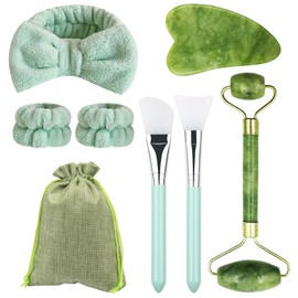 HTTDSLF Jade Roller with Gua Sha Massage Set, Jade Roller, Face Roller, Gua Sha Set, Gua Sha Massage Set, Guasha Tool, Gua Sha Stone Massage Tool for Skincare, Facial, Neck and Body Muscle Relaxing