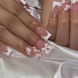 IMRAIN Press on Nails Medium Square Fake Nails Full Cover White French Tips Acrylic False Nails with Flower & Bow Designs for Women Wedding 24Pcs Nail Supplies