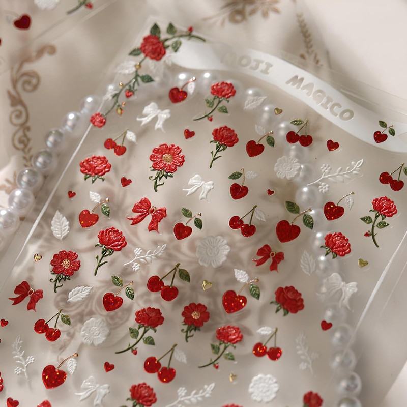 5D Embossed Rose Nail Stickers, Vintage French Cherry Bow Self-Adhesive