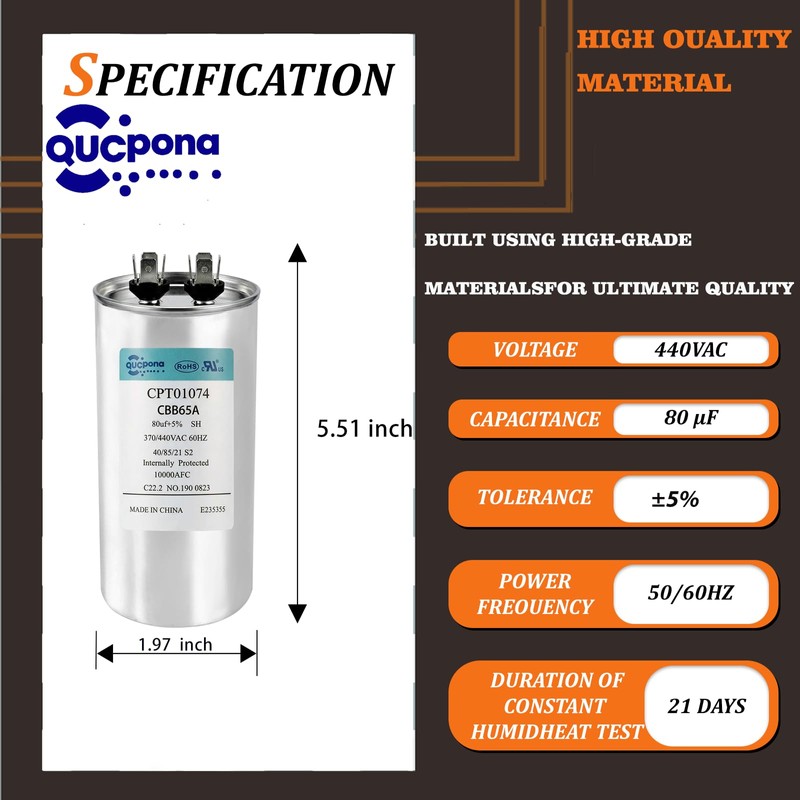 QUCpona 80 µF MFD Round Run Capacitor 370/440VAC CPT01074（50）