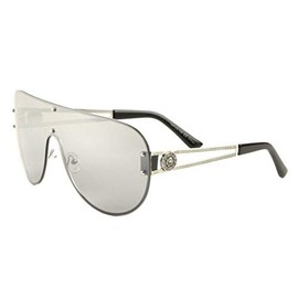 Kleo Lion Head Medallion Oversized Flat Top Luxury Shield Aviator Sunglasses (Silver Metallic Frame, Black/Mirror)