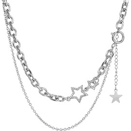 Double Layered Stacked Chunky Chain Choker Necklace For Women Y2k Star Statement Necklaces Silver Punk Asymmetric Diamond Necklace Jewelry