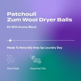Zum Indigo Wild Laundry Dryer Balls Kit - Wool - for Dryer - Essential Oil Spray - Reusable - Patchouli - (3 Laundry Balls, 1 Aroma Blend)