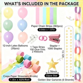 Party Decorations Kit 492ft Crepe Paper Streamers, 360 Sheets Colorful Paper Chain Strips,78.7ft Gold Star Garland,30Pcs 12" Pastel Balloons for Wedding Birthday Party (Colorful)